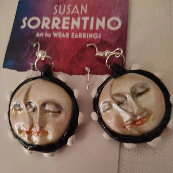 Handmade Double Moon Face Earrings - Picture 1 of 4
